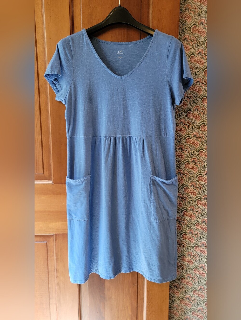 J. Jill Blue 100% Cotton Slub Knit V-Neck Empire Waist Dress with Pockets Medium